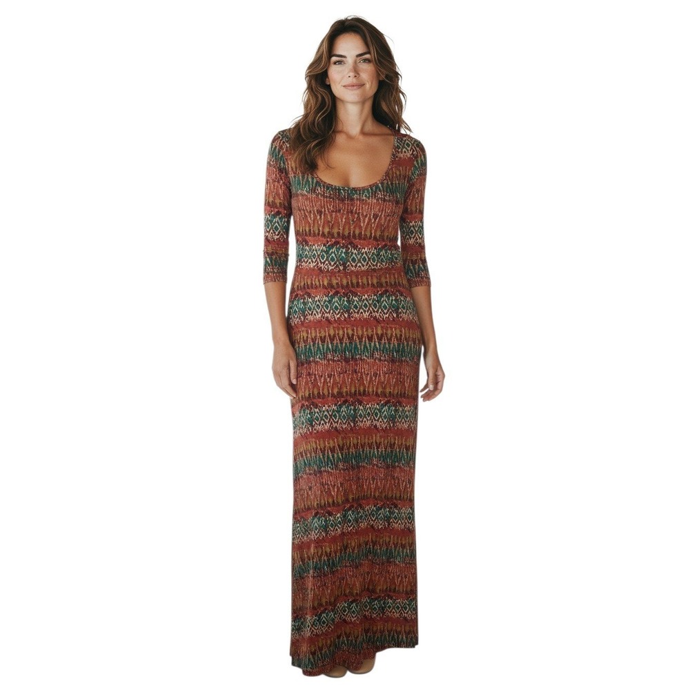 Multiples Maxi Dress Medium Multi-Color Southwestern Ikat Scoop Neck 3/4 Sleeve